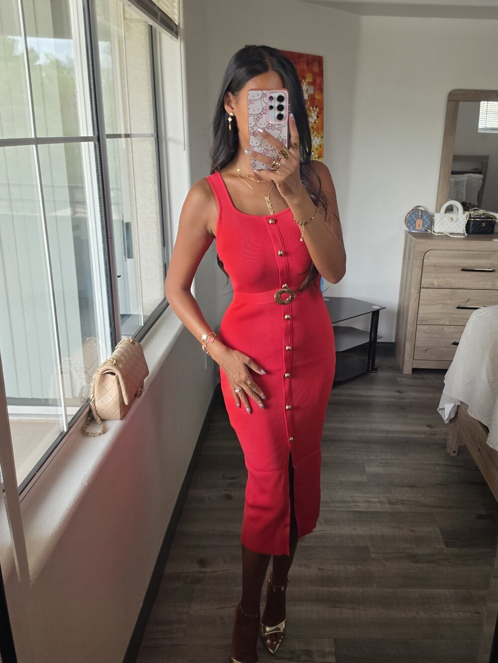 Red Button-Front Midi Dress with Belt Very Stretchy